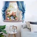Adesivo murale 3D finestra creativa con rose rosa e tende blu ad acquerello - Finestra con Tenda Blu e Rosa Rosa (PH_QTB179)