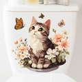 Pegatina autoadhesiva para inodoro con gato lindo, flores y mariposas coloridas - Estilo de Gato Naranja y Flores (PH_QTB160)