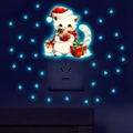 Luminous wall sticker featuring a cute Christmas cat with a gift box and blue glow dots - Cat with Gift - Blue Luminous (YG_B072 Blue)
