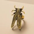 Detailed view of vintage beetle ring in antique gold finish with open adjustable band - Cicada Shape Ring (10197) / Antique Gold