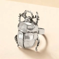 Detail view of a vintage silver beetle ring with intricate antique metallic textures - Beetle Shape Ring (H-220) / Antique Silver