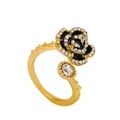 French vintage black camellia open ring with gold branch texture and white zircons - KC Gold Black Zirconia Flower Style (X192)