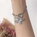 Retro silver butterfly charm bracelet with OT toggle clasp and chunky chain link - Double Layer Bead Chain (03 White K 4075) / Silver Pave Butterfly