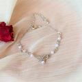 Silver chain bracelet with white pearls and a sparkling rhinestone butterfly charm - Fine Chain Artificial Pearl (04 White KWG0-0871) / Silver Rhinestone Butterfly Style
