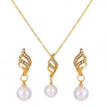 Elegant gold-tone pearl and zircon jewelry set featuring geometric water drop necklace and earrings - KC Gold 11518 (2-Piece Set)