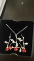 Elegant silver rose necklace and earrings jewelry set with red flower buds in black box - Rose Necklace And Earrings Set (Bright Silver) / Bright Silver
