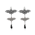 Gothic double bat dangle earrings with intricate filigree and black teardrop pendant - Bat #1011
