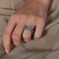 Retro silver belt buckle ring with a vintage matte finish worn on a finger - Antique Silver Belt Buckle Shape (08 Belt S583)