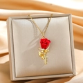 Elegant gold-tone rose necklace with 3D red velvet flower and white crystals - Flocking Rose Pendant Necklace (10665)