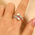 Vintage silver adjustable open ring featuring teardrop stones and floral relief - Retro Bypass Dual Teardrop Iridescent Stones (15 Antique Silver 12181)