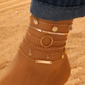 Bohemian gold multilayer anklet set featuring star and circle charms on sand - Gold Long Metal Bar (7890)