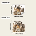 Detail view of raccoon and rabbit wall stickers showing sheet size and applied dimensions - 35*39cm