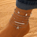 Multi-layer silver anklet set with star and disk charms for beach style fashion - Silver Star Round Plate Bead (0654)