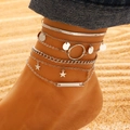 Multilayer silver anklet set with star and circle charms for beach jewelry styling - Silver Rectangular Tag Round Plate Snake Chain (3119)