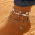 Bohemian multi-layer silver anklet set with blue beads and charms on a beach model - Silver Green Bead Round Ring Rhombus (A-445)