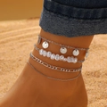 Bohemian silver layered anklet set with pearls and sequins for women beach style - Silver Triple Layer Pearl Figaro Chain (KA-424)