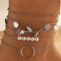 Multi-layer silver anklet set featuring rose charm, white pearls, and round sequins - Silver Rose Pearl Large Ring (1017)