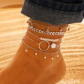 Bohemian multi-layer silver-tone anklet set with beads and floral charms on beach sand - Silver Flower Frosted Bead (0630)