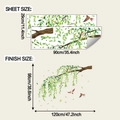 Detailed size guide for willow leaf and bird wall decals showing sheet and finish dimensions - Willow Branches And Sparrows Style (fun-c171)