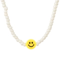 Handmade beaded glasses chain with white faux pearls and a yellow smiley face charm - White Beads Smiley Style