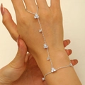 Elegant silver hand harness bracelet with sparkling cubic zirconia and adjustable chain - Floral Rhinestone Ring-Linked Bracelet / Bright Silver Style (A-574)