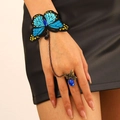 Blue embroidered butterfly ring bracelet with black chains and oval gemstone detail - 刺绣蝴蝶款式(K-124) / Silver