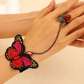 Hand harness chain with embroidered butterfly and red gemstone ring in ethnic style - 刺绣蝴蝶款式(K-125) / Antique Bronze
