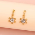 Elegant gold snowflake earrings with sparkling diamonds and pearls on a soft pink base - 09 KC Gold Style (4262)