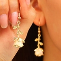 Macro detail of elegant cream-white rose flower earrings with golden leaf accents - Rose Flower Ear Hook (WG-0366) / White