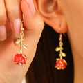 Vintage red rose drop earrings with gold leaves and hooks in elegant floral style - Rose Flower Ear Hook (WG-0049) / Red