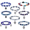 Lot de huit bracelets en perles Mauvais Œil avec pendentifs Main de Fatma en argent - Ensemble 8 Pièces Argent Antique (M-751)