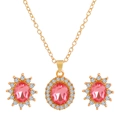 Golden baroque jewelry set with pink oval gemstones and white zircon earrings and necklace - Pink Oval Halo Gemstone Set (04 Rose Gold# Pink M-147)