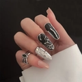 Punk style silver armored nail ring set with cross and eye motifs on black background - Gothic Black & Silver (9837) / White Gold