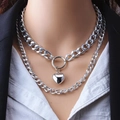 Double-layered silver necklace with heart pendant and cuban chain for women - Double Layer Link Heart Style (12068) / Silver