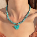 Vintage bohemian turquoise necklace featuring butterfly pendant and ethnic style beads - Single Large Butterfly Antique Silver Style (古银 11620)