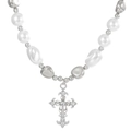 Baroque pearl necklace with vintage silver cross pendant and shimmering rhinestones - Silver (5118)