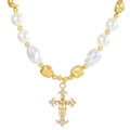 Retro multi-layer pearl necklace with a gold rhinestone-encrusted cross pendant - KC Gold (5337)