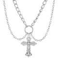 Detail of silver punk multi-layer necklace with crystal cross pendant on white background - Silver (DZ-632)