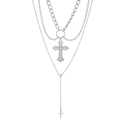 Detail view of triple-layered silver necklaces with rhinestone cross and chunky chain - Silver (DZ-865)