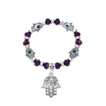 Bohemian purple beaded bracelet with blue Evil Eye and Hamsa Hand charms for women - Antique Silver (M-744)