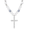Cross pendant necklace featuring white pearls and blue crackle glass beads in a punk style - Silver (0283)