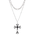 Silver double-layer punk necklace with gothic cross pendant and black heart gem - Silver/Antique Silver (S350)