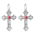 Orecchini a cerchio gotici a croce in argento con motivi floreali e strass rosso - Stile Decoro Strass Rosso (11552) / Argento antico