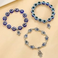 Set de trois bracelets en perles œil bleu maléfique avec pendentifs main de Fatma argent - Ensemble 3 Pièces Bleu Argent (M-752)