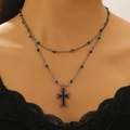 Gothic layered necklace with black gems and a vintage metal cross pendant - Gunmetal Black (2865)