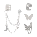 Silver 4-piece set with rhinestone butterfly, moon, and star chain cuff earrings - Silver