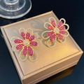Elegant gold-tone flower earrings with pink and white crystal stones on champagne satin - Hollow Flower Style (3301) / Light KC Gold