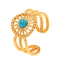 Bohemian verstelbare vergulde ring met turquoise zonnestraal-inleg en gevlochten textuur - Blauwe Zon Stijl (K-608) / Ring