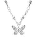 Collar con colgante de mariposa gótica vintage con cadena de alambre de espino plateada - Mariposa Plata Antigua (5142)