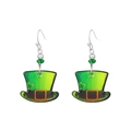 St. Patrick's Day green hat earrings with shamrock patterns and silver hooks - Green Top Hat With Beaded Style (A-1412)